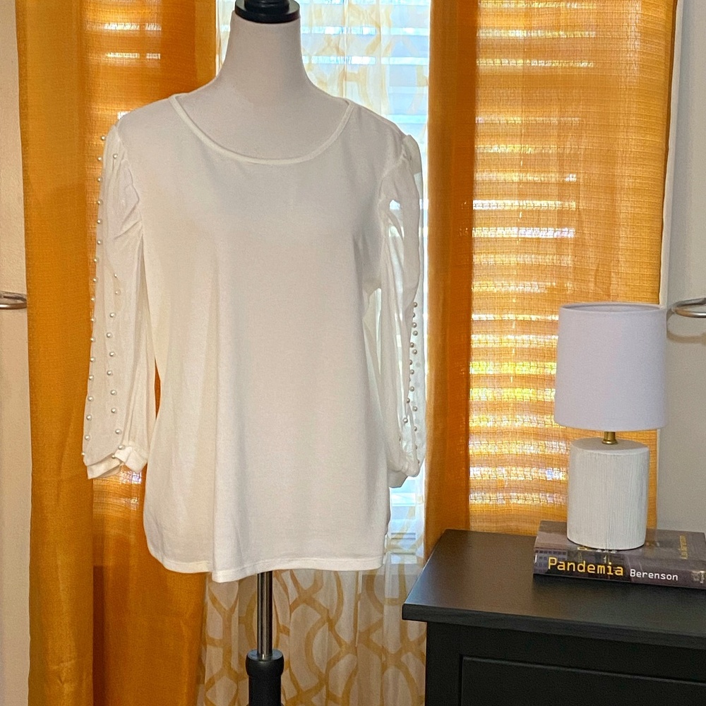 New Madison Blouse with Sheer sleeves with pearls Size XL